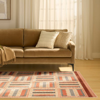 multi geometric rug in a living room