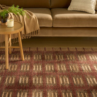 rust geometric rug in a living room