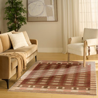 rust geometric rug in a living room