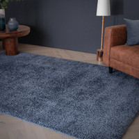 navy shaggy rug in a living room with matching decor