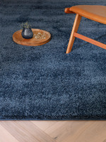 navy shaggy rug in a living room with matching decor