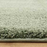sage plain shaggy rug closeup edge on wood floor