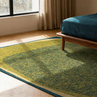 green abstract eco rug in a bedroom room with matching decor