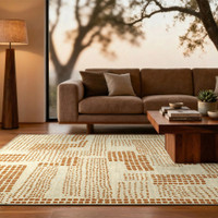 brown abstract eco rug in a bedroom room with matching decor
