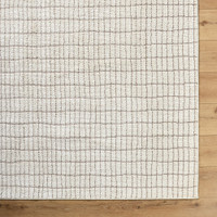 ivory taupe rug closeup corner on wood floor