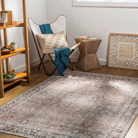 brown traditional rug in a room with matching decor