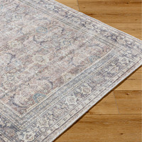 silver traditional rug closeup corner on wood floor