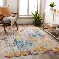 multicolour abstract rug in a room with matching decor