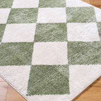 green diamond shaggy rug closeup corner on wood floor