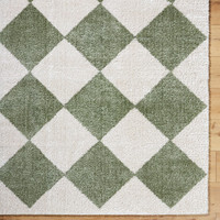 green diamond shaggy rug closeup corner on wood floor