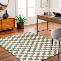 green checker shaggy rug in a room with matching decor