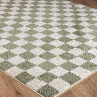 green checker shaggy rug closeup corner on wood floor
