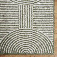 green geometric shaggy rug closeup corner on wood floor