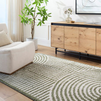 green geometric shaggy rug in a room with matching decor