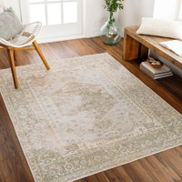 camel traditional rug in a room with matching decor