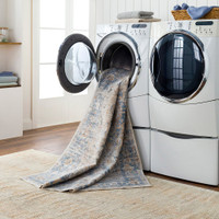 beige traditional rug in a washing machine