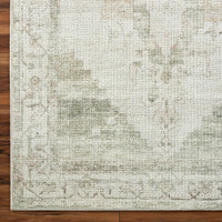 sage traditional rug closeup corner on wood floor