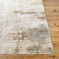 cream abstract rug closeup corner on wood floor