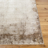 cream abstract rug closeup corner on wood floor