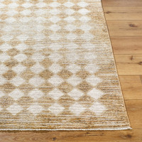 mustard geometric rug closeup corner on wood floor