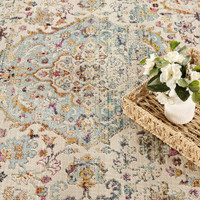 blue gold traditional rug closeup detail with basket with plant pot