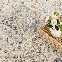ivory traditional rug closeup detail with basket with plant pot