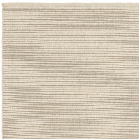 Clean corner finish of a neutral ivory woven wool rug with a distinct linear texture.