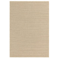 Overhead view of a rectangular sand-colored wool area rug with a tightly woven, ribbed linear pattern.