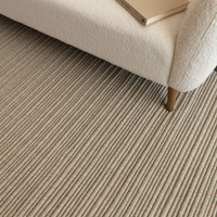 Detailed angle of a warm beige textured area rug meeting modern light-colored upholstered furniture.