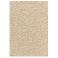 Overhead view of a rectangular wool area rug with a bold, modern animal print motif in warm neutral sand tones.