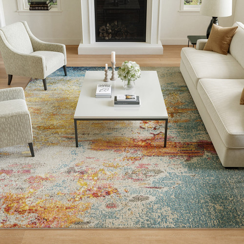 abstract sealife rug in a living room with white furniture 