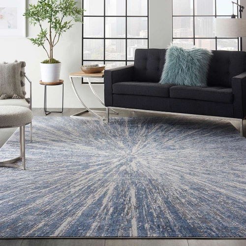 Abstract Silky Textures SLY05 Blue Ivory Grey Rug
