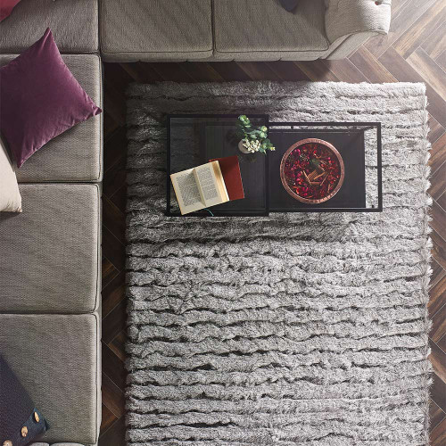 Origins Carved Glamour Silver Ridged Shaggy Rug