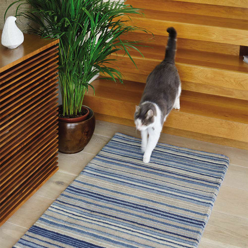 Origins Fine Stripes Blue Beige Striped Wool Rug
