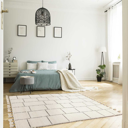 Nepal Cream Black Tile Rug Indian Wool