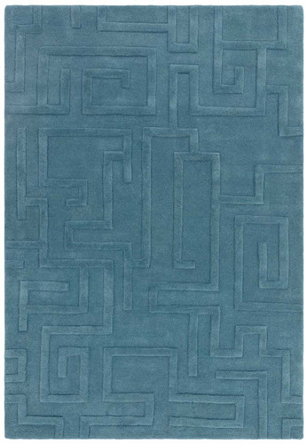 Maze Teal Blue Thick 3D Carved Wool Rug