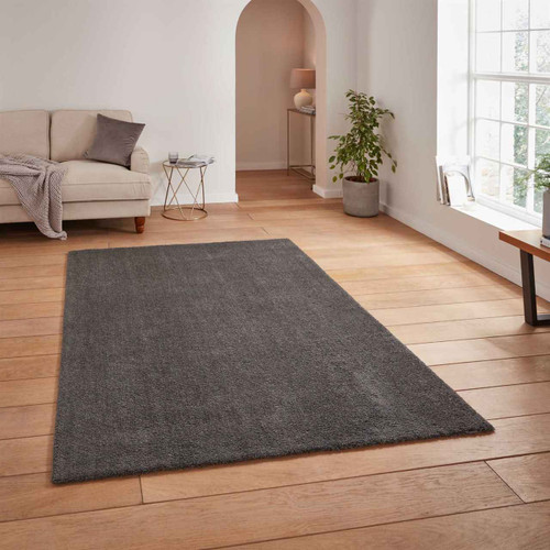 Kara Charcoal Shaggy Washable Plain Rug