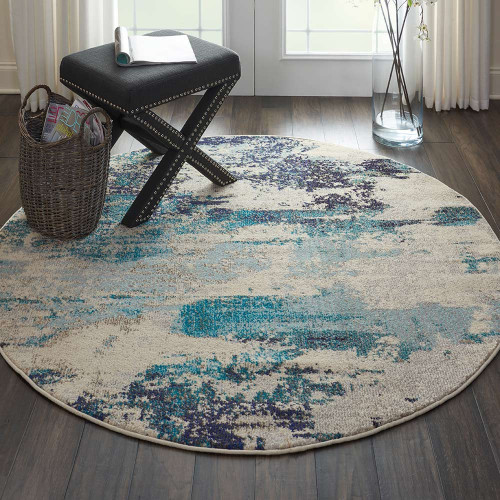 Celestial Ivory Teal Blue CES02 Rug Circle
