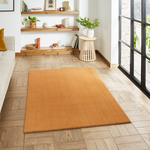 Bay Camel Orange Plain Shaggy Washable Rug