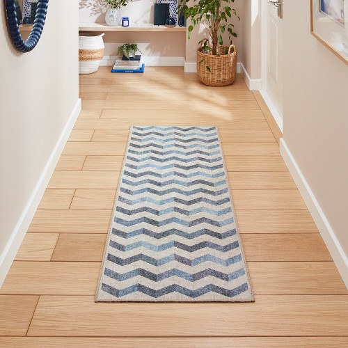 Coral Blue Geometric Waves Washable Rug Runner