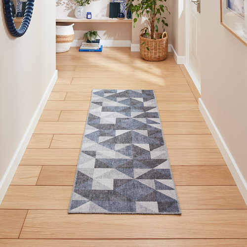Coral Blue Grey Geometric Washable Rug Runner