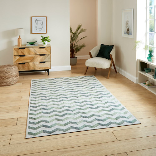 Coral Green Geometric Waves Washable Rug