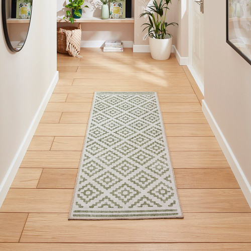 Coral Green Modern Diamonds Washable Rug Runner