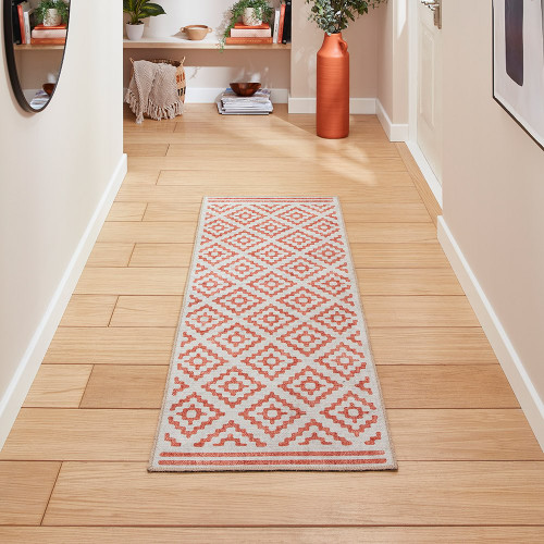 Coral Orange Modern Diamonds Washable Rug Runner