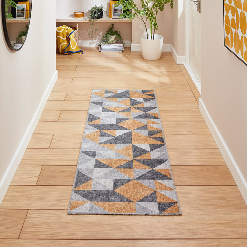 Coral Orange Grey Geometric Washable Rug Runner