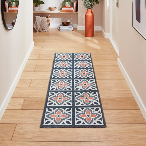 Victoria Grey Orange Floral Washable Rug Runner