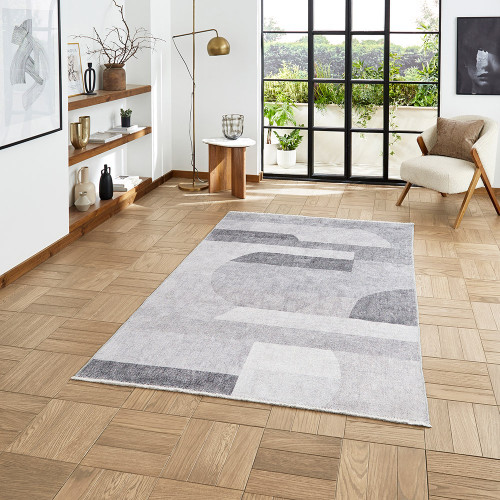 Whisper Grey Modern Geo Washable Rug Runner