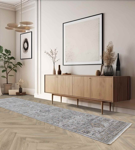Jasper JA01 Blue Silky Traditional Fringe Rug Runner