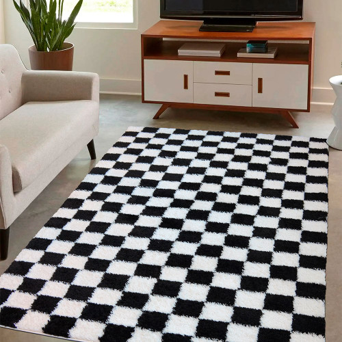 Snug Super Soft Shaggy Rug Checks Mono