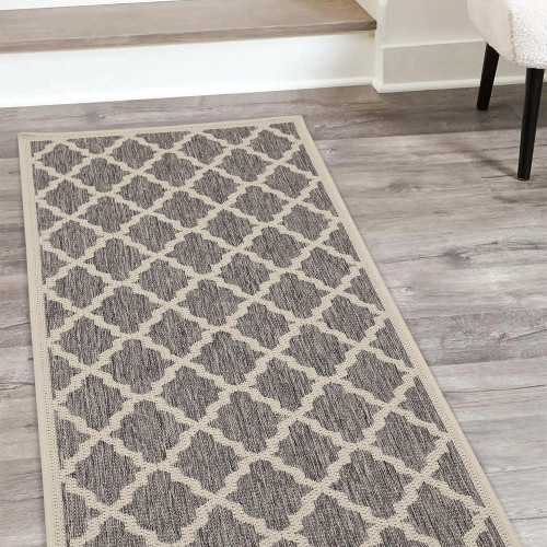 Flatweave Gel Trellis Steel Grey Rug Runner